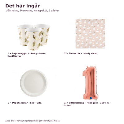 1-årskalas, Svankalas, kalaspaket, 6 gäster – innehåll och antal, sifferballong 100 cm