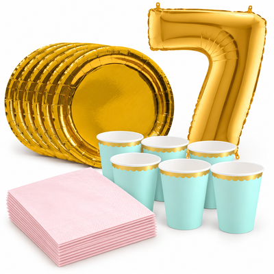 7-årskalas, Mint, rosa och guld, kalaspaket, 6 gäster – samlat paketinnehåll