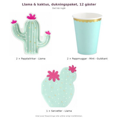 Llama & kaktus, dukningspaket, 12 gäster – innehåll och antal förpackningar