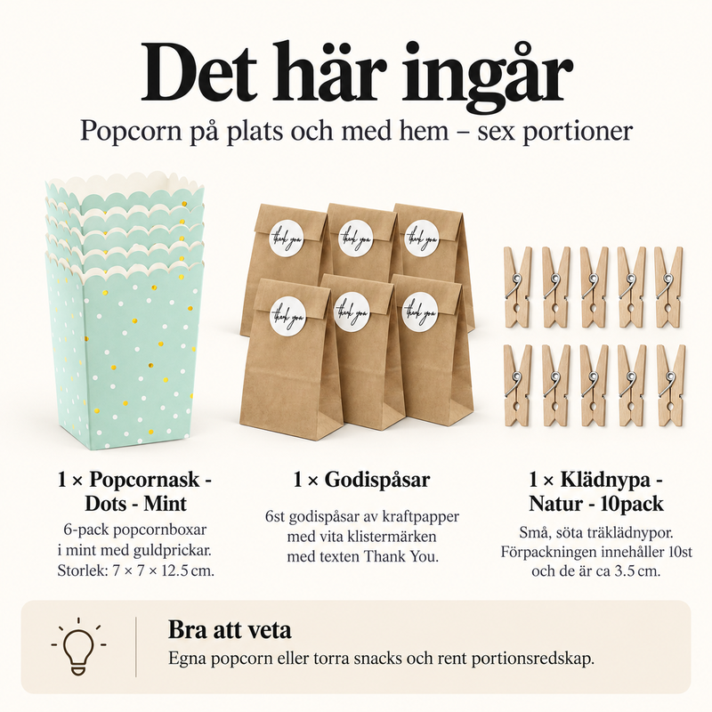 Popcorn på plats och med hem – sex portioner – innehåll