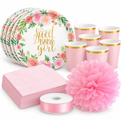 Dop flicka – floral och rosa – fikapaket, 6 gäster – samlat paketinnehåll