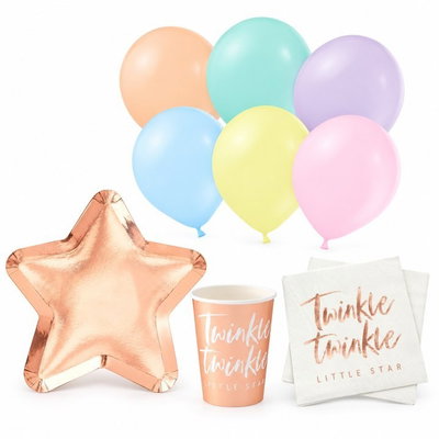 Twinkle kalaspaket för 8 gäster med stjärnformade tallrikar, muggar, servetter och pastellballonger