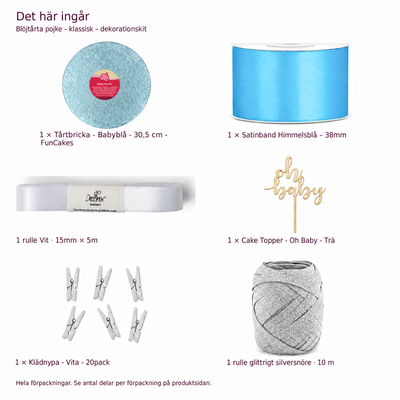 Paketets innehåll med babyblå tårtbricka 30,5 cm
