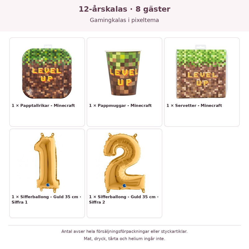 12-årskalas, Gamingkalas i pixeltema, kalaspaket, 8 gäster – innehåll och antal förpackningar
