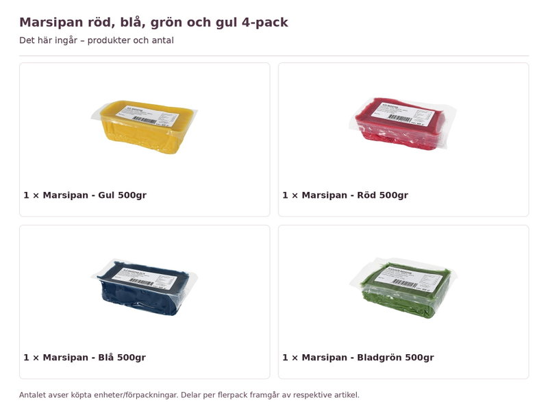Marsipan röd, blå, grön och gul 4-pack – innehåll och antal förpackningar