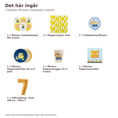 7-årskalas, Minioner, kalaspaket, 6 gäster – innehåll och antal, sifferballong 100 cm