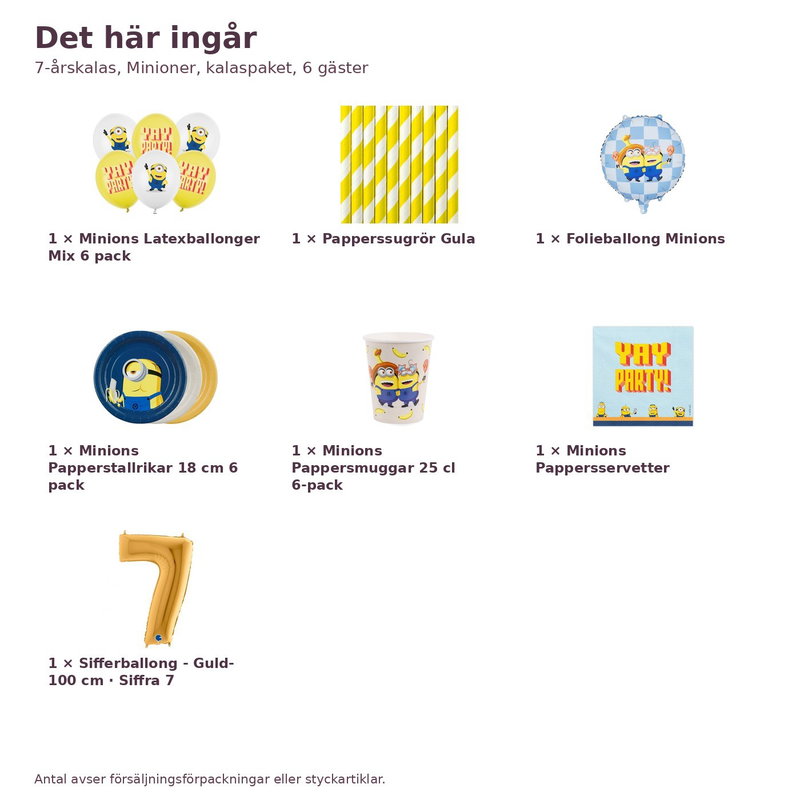 7-årskalas, Minioner, kalaspaket, 6 gäster – innehåll och antal, sifferballong 100 cm