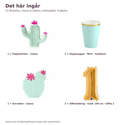 11-årskalas, Llama & kaktus, kalaspaket, 6 gäster – innehåll och antal, sifferballong 100 cm