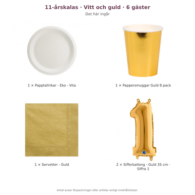 11-årskalas, Vitt och guld, kalaspaket, 6 gäster – innehåll och antal förpackningar