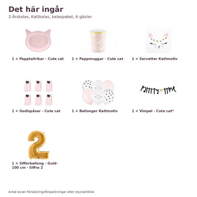 2-årskalas, Kattkalas, kalaspaket, 6 gäster – innehåll och antal, sifferballong 100 cm