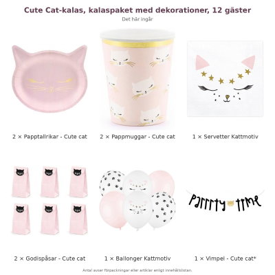 Cute Cat-kalas, kalaspaket med dekorationer, 12 gäster – innehåll och antal förpackningar