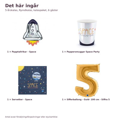 5-årskalas, Rymdkalas, kalaspaket, 6 gäster – innehåll och antal, sifferballong 100 cm