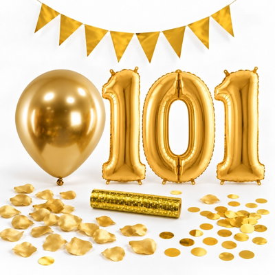101-års festpaket, Guld, Stor – paketets dekorationer på vit bakgrund