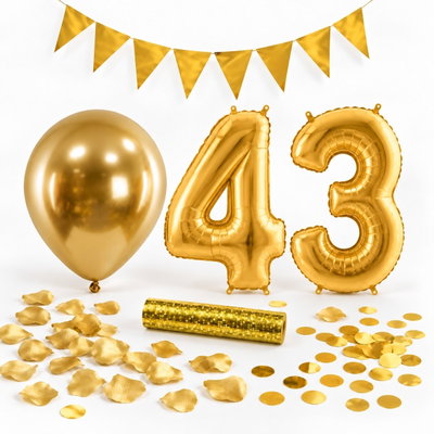 43-års festpaket, Guld, Stor – paketets dekorationer på vit bakgrund