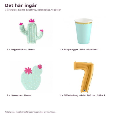 7-årskalas, Llama & kaktus, kalaspaket, 6 gäster – innehåll och antal, sifferballong 100 cm