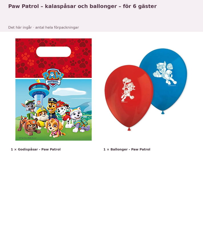 Paw Patrol – kalaspåsar och ballonger – för 6 gäster – innehåll och antal