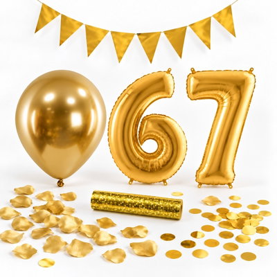 67-års festpaket, Guld, Stor – paketets dekorationer på vit bakgrund