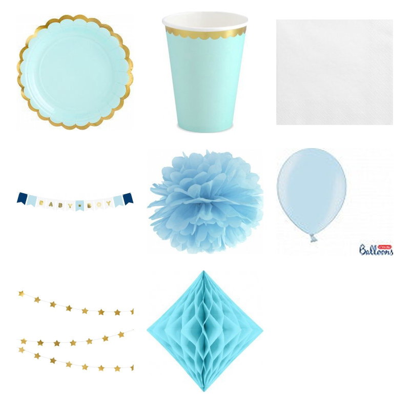Babyshower pojke – mint och blått – fika och dekorationer, 6 gäster – produktöversikt