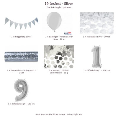 19-års festpaket, Silver, Stor – innehåll och antal förpackningar