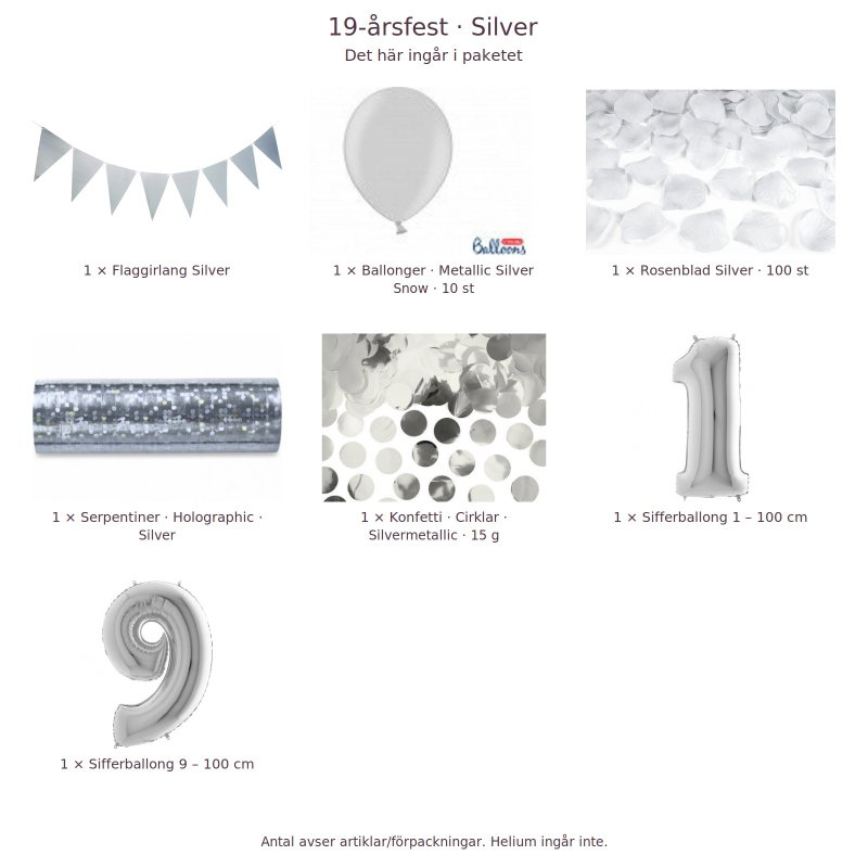 19-års festpaket, Silver, Stor – innehåll och antal förpackningar