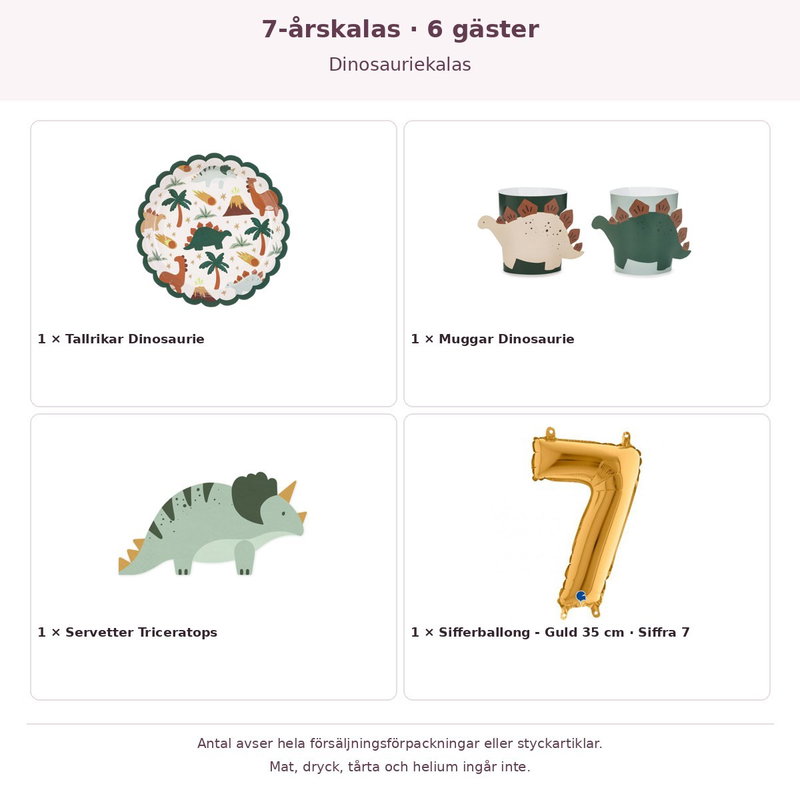 7-årskalas, Dinosauriekalas, kalaspaket, 6 gäster – innehåll och antal förpackningar