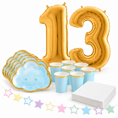 13-årskalas, Pyjamasparty – moln och stjärnor, kalaspaket, 6 gäster – samlat paketinnehåll