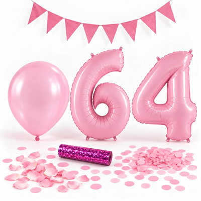64-års festpaket, Rosa, Stor – paketets dekorationer på vit bakgrund