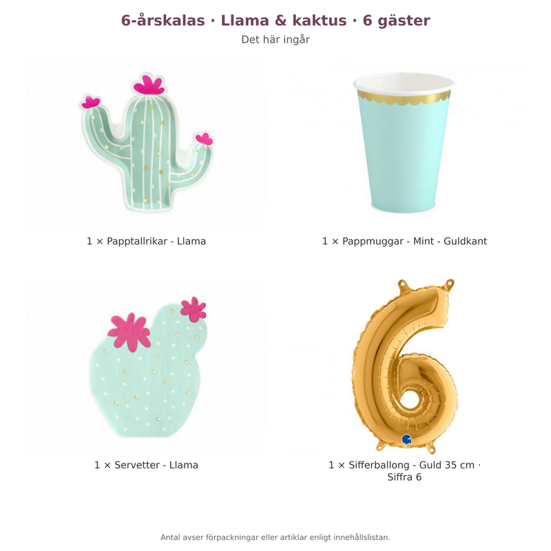 6-årskalas, Llama & kaktus, kalaspaket, 6 gäster – innehåll och antal förpackningar
