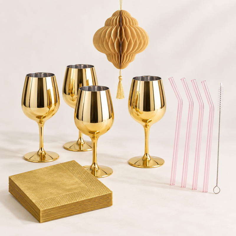 Aperitif för fyra – guldfärgade glas och rosa glassugrör – produktöversikt
