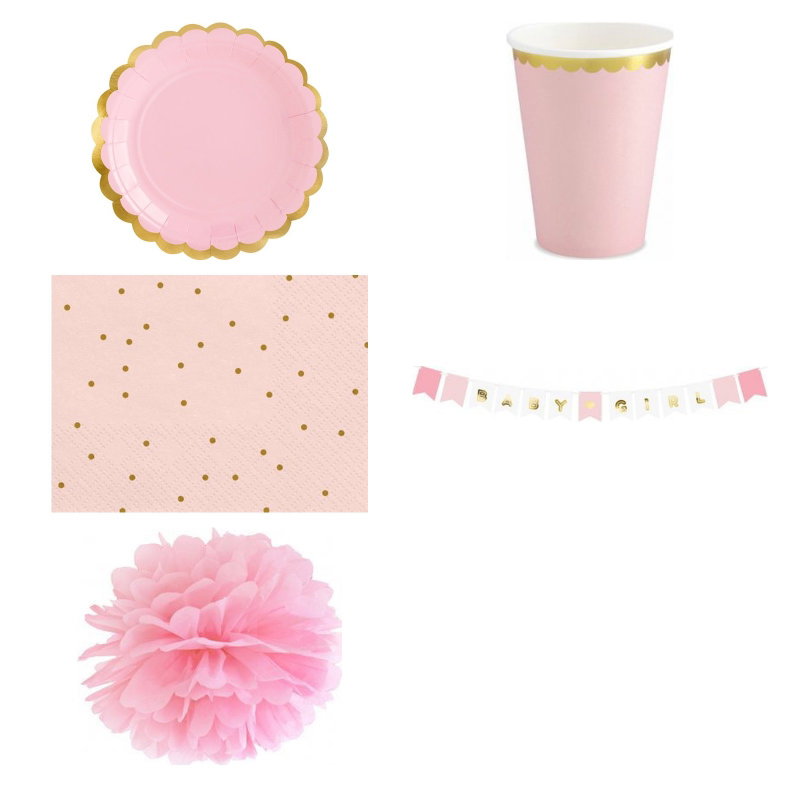 Babyshower flicka – rosa och guld – fikapaket, 6 gäster – produktöversikt