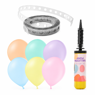 Samlingsbild: girlangband, pastellballonger och en handpump.