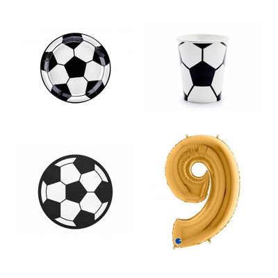9-årskalas, Fotboll, kalaspaket, 6 gäster – paketets produkter med sifferballong 100 cm