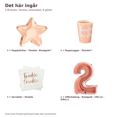 2-årskalas, Twinkle, kalaspaket, 8 gäster – innehåll och antal, sifferballong 100 cm