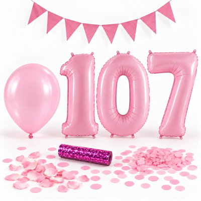 107-års festpaket, Rosa, Stor – paketets dekorationer på vit bakgrund