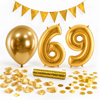 69-års festpaket, Guld, Stor – paketets dekorationer på vit bakgrund