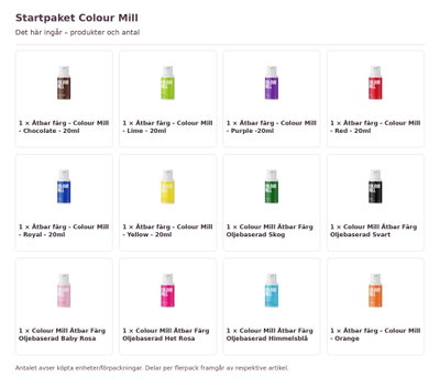 Startpaket Colour Mill – innehåll och antal förpackningar