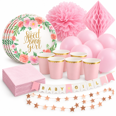 Babyshower flicka – floral och rosa – fika och dekorationer, 6 gäster – samlat paketinnehåll