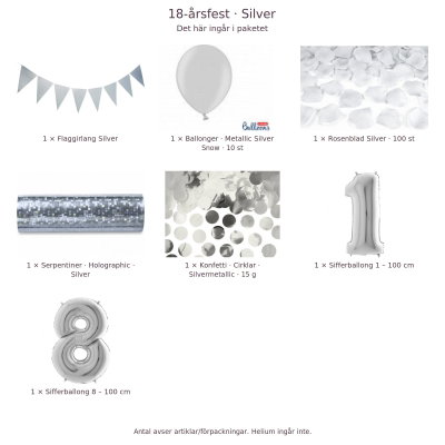 18-års festpaket, Silver, Stor – innehåll och antal förpackningar