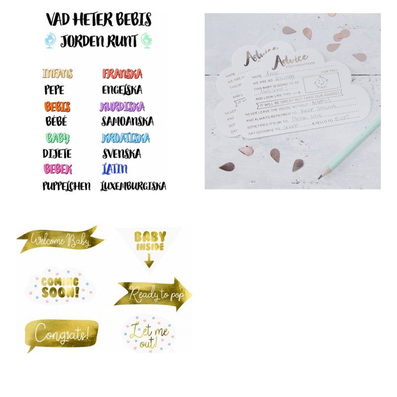 Babyshower – aktivitetspaket med lek, rådskort och fotorekvisita – paketets produkter
