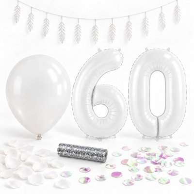 60-års festpaket, Vitt, Stor – paketets dekorationer på vit bakgrund