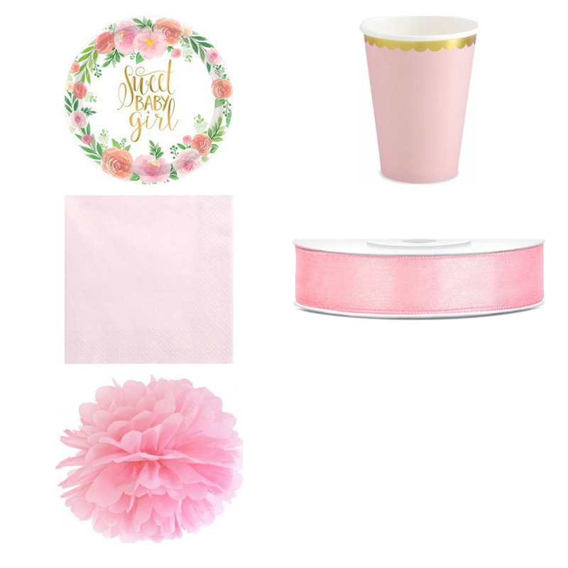 Dop flicka – floral och rosa – fikapaket, 6 gäster – produktöversikt