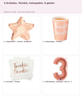 3-årskalas, Twinkle, kalaspaket, 8 gäster – innehåll och antal