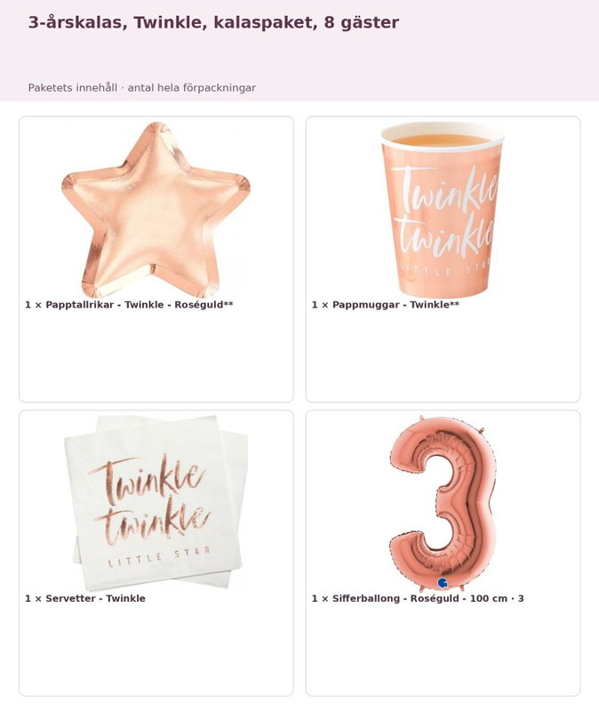 3-årskalas, Twinkle, kalaspaket, 8 gäster – innehåll och antal