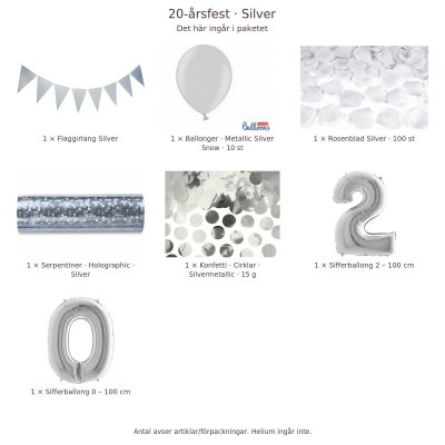 20-års festpaket, Silver, Stor – innehåll och antal förpackningar