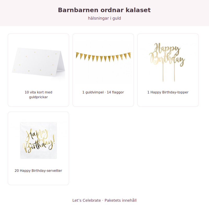 Innehåll och antal: Barnbarnen ordnar kalaset – hälsningar i guld