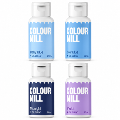 Blå och lila, 4 flaskor Colour Mill Oil Blend à 20 ml