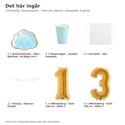 13-årskalas, Pyjamasparty – moln och stjärnor, kalaspaket, 6 gäster – innehåll och antal, sifferballong 100 cm