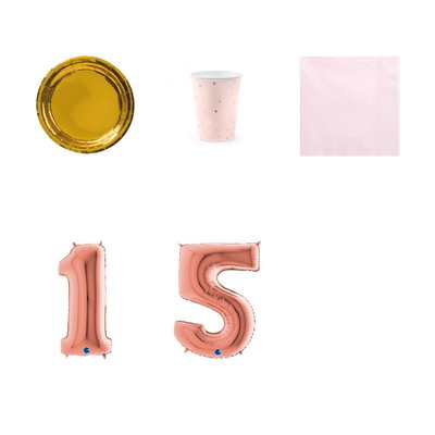 15-årskalas, Rosa och guld, kalaspaket, 6 gäster – paketets produkter med sifferballong 100 cm