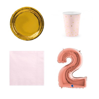2-årskalas, Rosa och guld, kalaspaket, 6 gäster – paketets produkter med sifferballong 100 cm