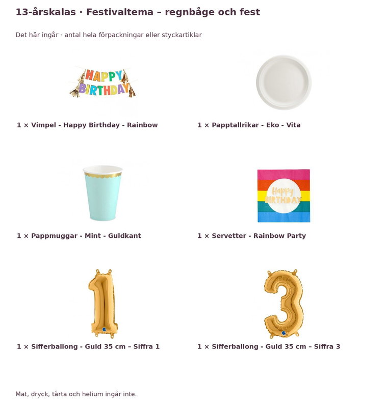 13-årskalas, Festivaltema – regnbåge och fest, kalaspaket, 6 gäster – innehåll och antal förpackningar